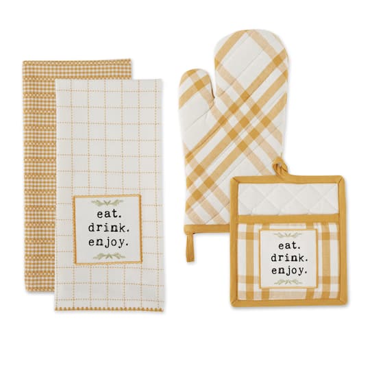 Design Imports Home Sweet Farmhouse Kitchen Collection, Potholder/Oven Mitt/Dishtowel Set, Honey Gold, 4 Count - Honey Gold